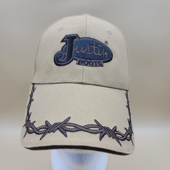 Justin Boots Tan with Barbwire Bill Adjustable Cap/Hat Rare Made In USA Brown - Picture 1 of 10